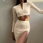 Set: Long-sleeve Zip-up Crop Top + Slit Maxi Pencil Skirt