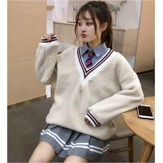 Lettering Shirt/ Stripe Pre-tied Neck Tie/ Contrast-trim Pleated Mini A-line Skirt/ V-neck Fleece Sweatshirt/ Set