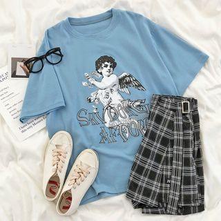 Short-sleeve Angel Printed T-shirt Blue - One Size