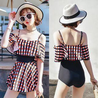 Set Of 2: Plaid Panel Swimsuit + Swim Skirt