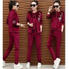 Set: Plain Short-sleeve Velvet T-shirt + Floral Embroidered Zip Jacket + Sweatpants