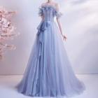 Ruffle Trim Mesh A-line Wedding Gown