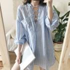 Pinstripe Lace Up Long-sleeve Blouse