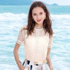 Set: Short-sleeve Lace Blouse + Camisole
