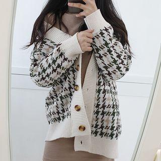Petite Size V-neck Houndstooth Boxy Cardigan