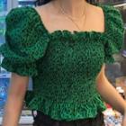Short-sleeve Smocked Blouse Green - One Size