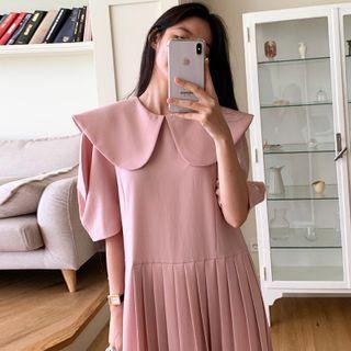 Elbow-sleeve Wide-collar Pleated Midi A-line Dress