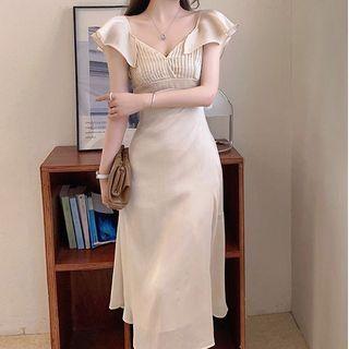 Flutter Sleeve V-neck Pleated Cocktail Dress