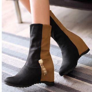 Color Block Fringed Hidden Wedge Mid-calf Boots