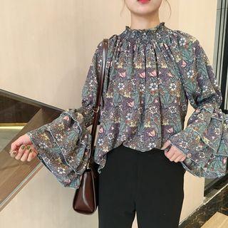 Off-shoulder Floral Print Bell-sleeve Chiffon Top