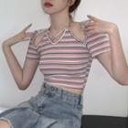 Short-sleeve Strappy Striped Knit Crop Top / Denim Skirt