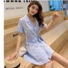 Short-sleeve Mini Plaid A-line Dress Sky Blue - One Size