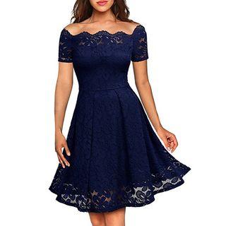 Short-sleeve Off-shoulder Lace A-line Dress
