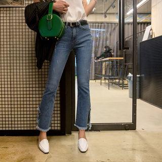 Slit-hem Washed Semi Boot-cut Jeans