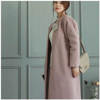 Round-neck Textured Coat With Brooch