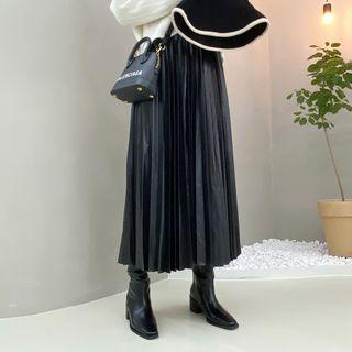 Band-waist Accordion-pleat Pleather Long Skirt