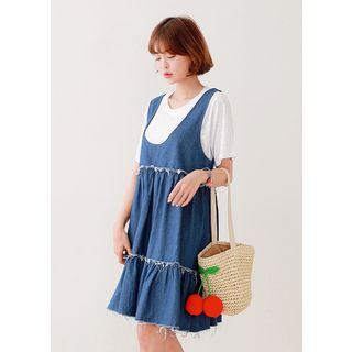 Sleeveless Fray-trim Tiered Denim Dress