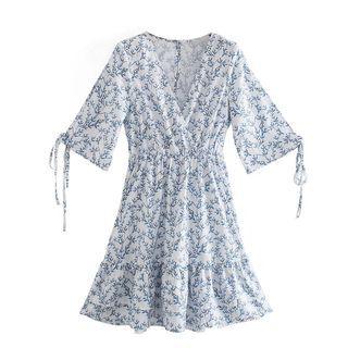3/4-sleeve V-neck Floral Print A-line Dress