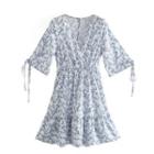 3/4-sleeve V-neck Floral Print A-line Dress