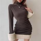 Fluffy Cuff Mock Neck Sheath Dress