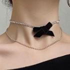 Velvet Bow Rhinestone Layered Necklace Black - 1417a#