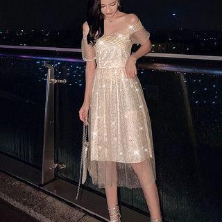 Sequined Off-shoulder Short-sleeve Midi A-line Dress