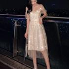 Sequined Off-shoulder Short-sleeve Midi A-line Dress