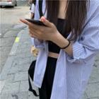 Long-sleeve Plain Shirt / Plain Cropped Camisole / High-waist Plain Pants