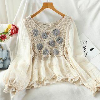 Flower Embroidered Crochet Knit Blouse Almond - One Size