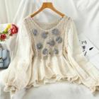 Flower Embroidered Crochet Knit Blouse Almond - One Size