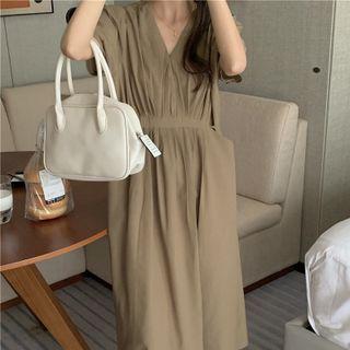V-neck Plain Midi A-line Dress Khaki - One Size