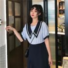 Elbow-sleeve Color Block A-line Midi Dress Blue - One Size