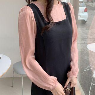 Keyhole-back Balloon-sleeve Satin Blouse