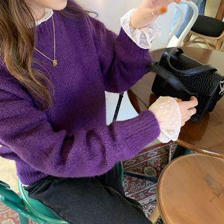 Long-sleeve Dotted Chiffon Top Almond - One Size