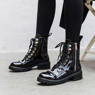Chained Patent Lace-up Short Boots