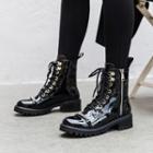 Chained Patent Lace-up Short Boots