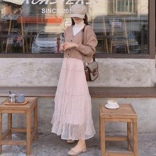 Tulle-overlay Crinkled Long Skirt Beige - One Size