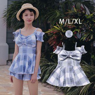 Set: Bow-accent Plaid Swimdress + Bikini