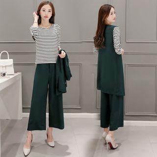 Set: Long-sleeve Striped T-shirt + Long Vest + Cropped Wide Leg Pants
