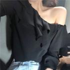 Plain Off-shoulder Long-sleeve Loose-fit Blouse Black - One Size