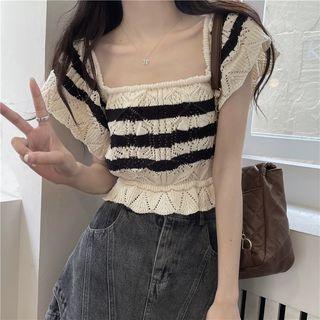 Cap-sleeve Striped Pointelle Knit Top