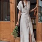 Single Breasted Dolman Short-sleeve Long Dress Oatmeal - One Size