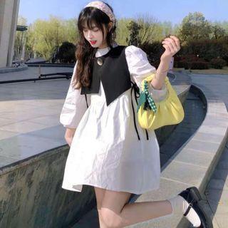 Puff-sleeve A-line Dress / Asymmetrical Cropped Vest Black & White - One Size