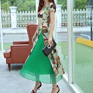Short-sleeve Mandarin-knot Patterned Dress