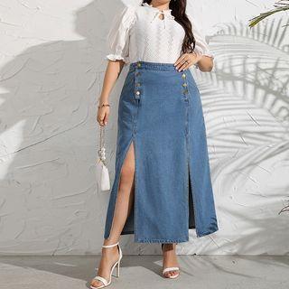 Plus Size Button-up Paneled Slit Denim Maxi Skirt