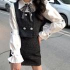 Puff-sleeve Shirt / Tweed Double-breasted Vest / A-line Skirt