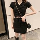Short-sleeve Plain V-neck Drawstring Top/plain High-waist A-line Skirt
