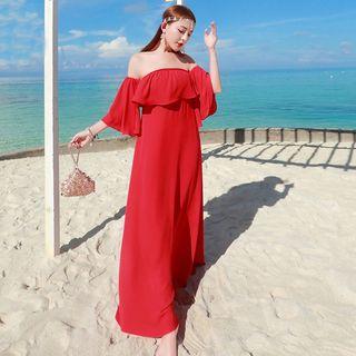 Elbow-sleeve Ruffle Chiffon Maxi Dress