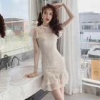 Short-sleeve Ruffle Hem Lace Mini Sheath Dress