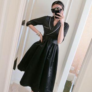 Elbow-sleeve Striped Panel A-line Midi Dress
